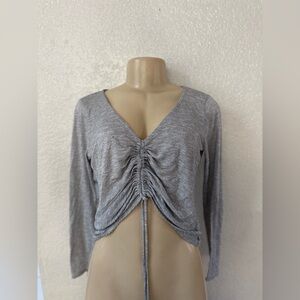 Socialite Gray Ruched V-Neck Blouse long sleeve sexy casual